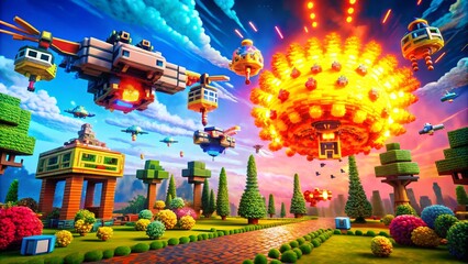 Pixel Graphic Bomb Arcade Game Vector with Drone Photography Perspective