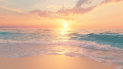 Fototapeta premium 2408 90.A serene summer beach scene featuring fine golden sand and calm, crystal-clear water stretching toward the horizon. The sunset sky is a blend of soft pastel colors, creating a tranquil,