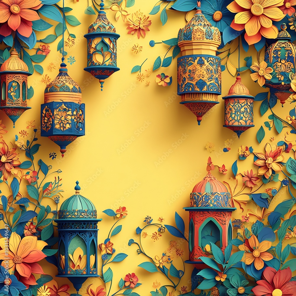 Poster vibrant paper cut style design showcasing an array of intricate islamic lanterns surrounded by swirl