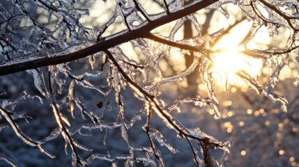Ice-coated branches glistening in the early morning sun, showcasing the beauty and danger of a recent ice storm