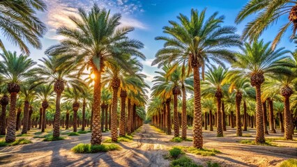 Fototapeta premium Plantation of Ripening Date Palm in the Middle East Agriculture Industry