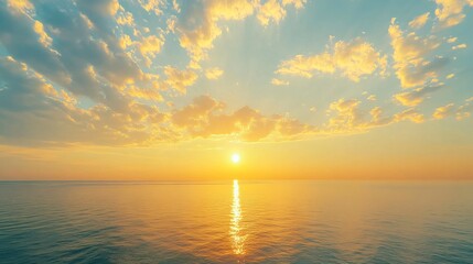 Obraz premium 2408 93.A serene summer sunset over the horizon, with golden yellow and orange hues illuminating the evening sky. Soft clouds scatter across the sky, glowing with the last rays of sunlight. The sea