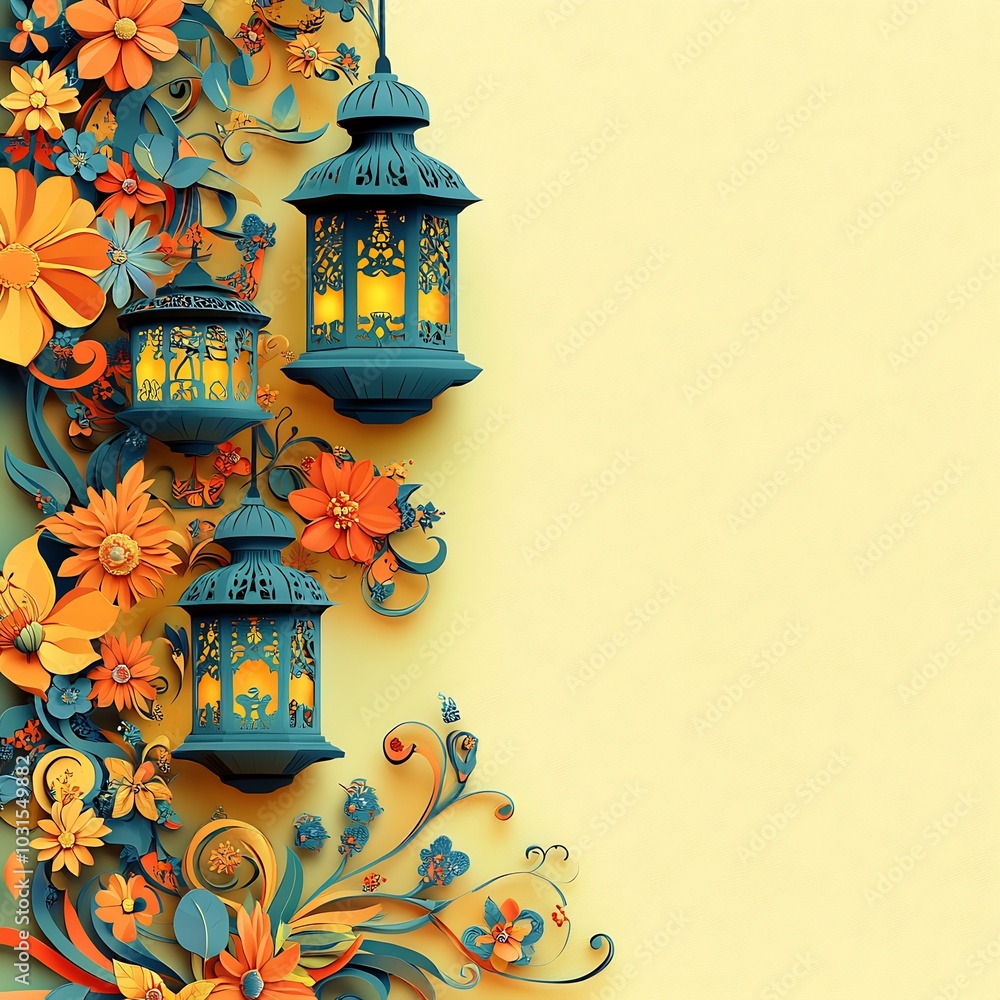 Poster vibrant paper cut style design showcasing an array of intricate islamic lanterns surrounded by swirl