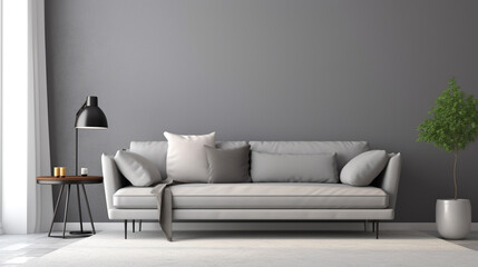 A modern, minimalist living room with a large white sofa, wooden floor, and a window with natural light streaming  poster frames on the wall of the room. Modern Interior mockup. Apartment back