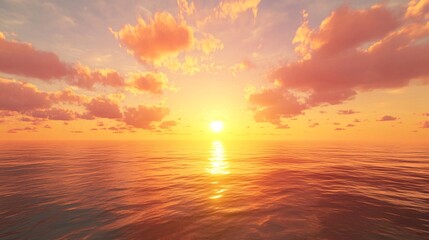 Obraz premium 2408 95.A tranquil sunset scene over the ocean, with the golden hour painting the sky in vibrant hues of orange, yellow, and pink. Soft clouds float above the horizon, bathed in the warm light of the