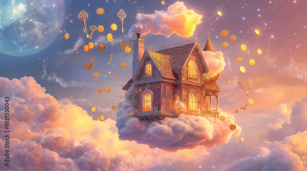Poster a charming house is perched on a fluffy cloud amidst a vibrant twilight sky, surrounded by floating 