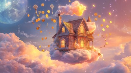 A charming house is perched on a fluffy cloud amidst a vibrant twilight sky, surrounded by floating keys and golden coins, creating a magical and dreamlike atmosphere perfect for a fairy tale.