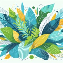 Fototapeta premium Create a vibrant design featuring colorful tropical leaves and organic shapes. Incorporate shades of blue, green, and yellow with playful, layered textures. The background should be light and airy, al