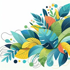 Create a vibrant design featuring colorful tropical leaves and organic shapes. Incorporate shades of blue, green, and yellow with playful, layered textures. The background should be light and airy, al
