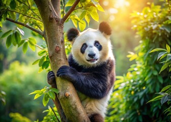Obraz premium Playful Female Panda Bai Tian in a Tree - Captivating Panda Photography in Beijing, China