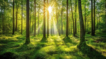 Obraz premium Sunlight Filtering Through a Green Forest