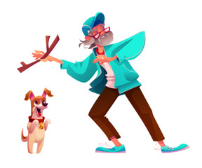 Old senior character play with dog in park vector. Happy grandpa with jump puppy fetch tree branch isolated cartoon design. Cheerful pet with elder owner person playing together and walking clipart