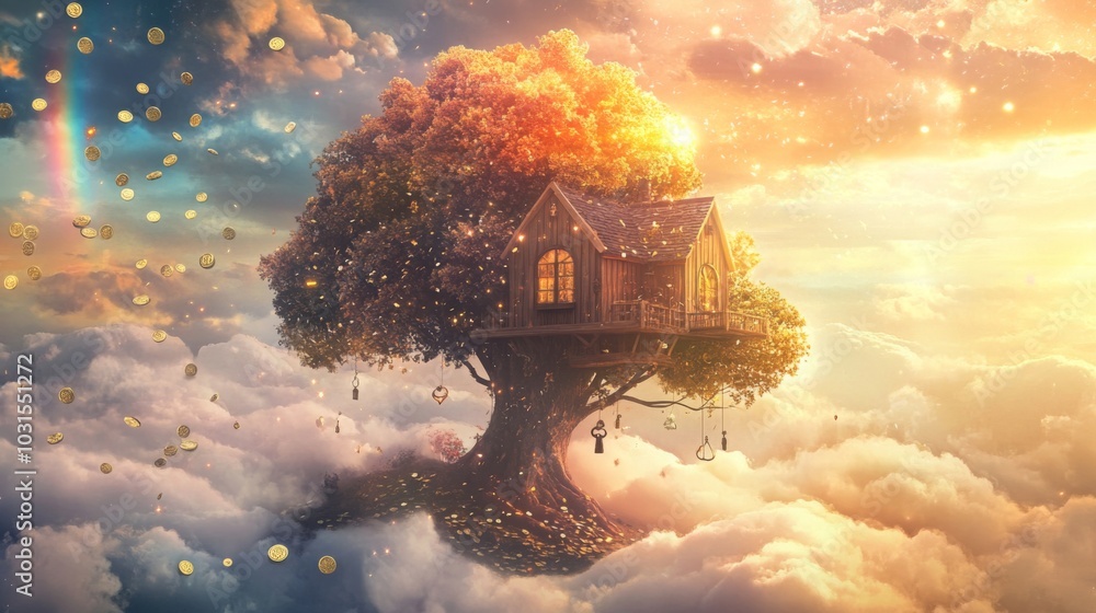 Poster a cozy treehouse perched on a massive tree floats among fluffy clouds, illuminated by a stunning sun