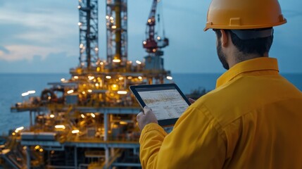 Operators managing oil and gas exploration projects with tablets, using real-time data to control drilling rigs and optimize performance