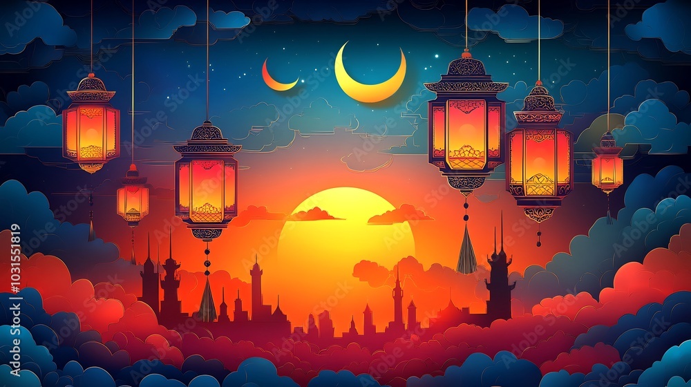 Poster vibrant paper cut style scene of hanging lanterns with intricate detailing floating amidst clouds an