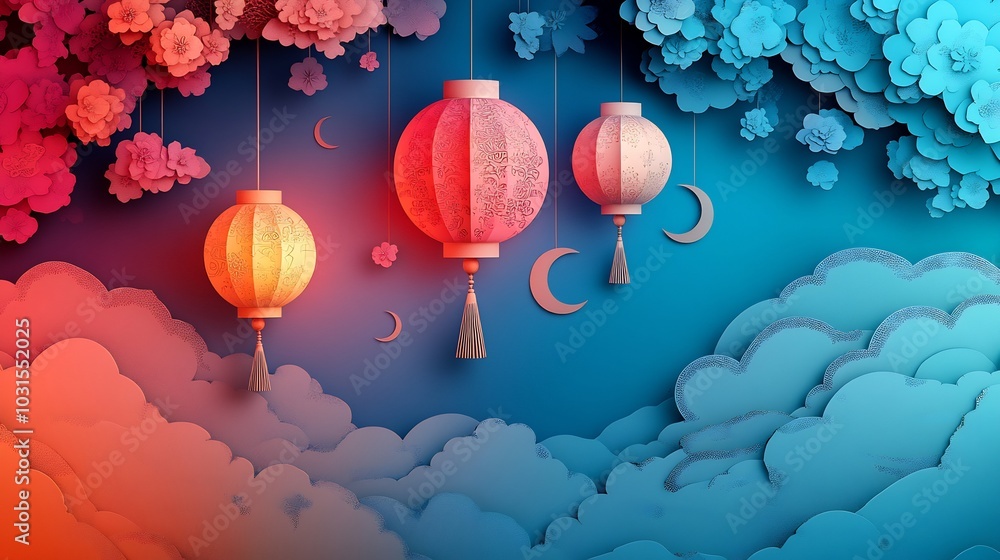 Poster vibrant paper cut style scene of hanging lanterns with intricate detailing floating amidst clouds an
