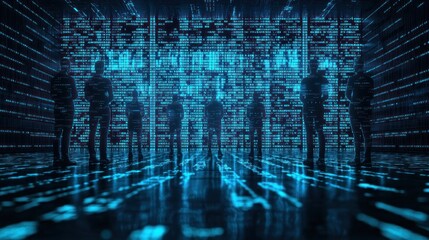 A futuristic silhouette of individuals in a digital environment, surrounded by glowing blue data lines and screens, representing technology.