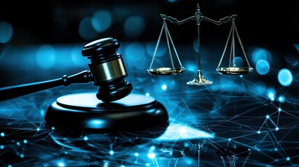 A gavel and scales symbolizing justice, representing law and order in a digital background.
