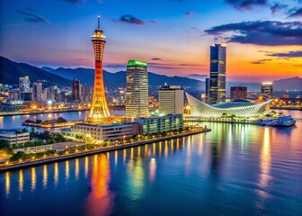 Obraz premium Port of Kobe Night Skyline - Stunning Panoramic View of Kansai Japan's Iconic Waterfront Architecture