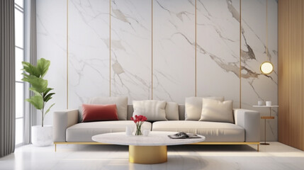 3d render, 3d illustration  Luxury and elegance beauty salon or office reception area interior design with luxury marble reception counter, armchairs against wood plank wall, white marble wall  