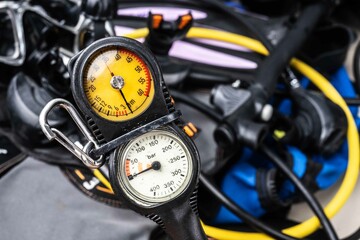 Scuba equipment Scuba Fins, Regulator Octopus, Depth Gauge , Balanced Regulator ,Power Inflator ,Dive Mask and Snorkel , Scuba Gear for a Dive on a Boat