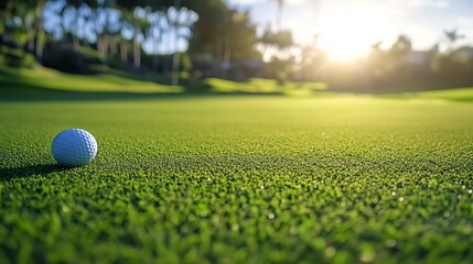 Close-up view of a golf ball on lush green grass, capturing the serene beauty of a golf course at sunset.