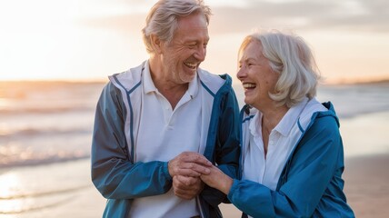 Elderly couple walking hand in hand on a serene beach surrounded by the warm glow of a setting sun  They appear to be in a joyful relaxed state