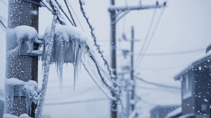 Snow and ice accumulation on power lines and rooftops, creating hazardous conditions for infrastructure and electricity during a cold snap