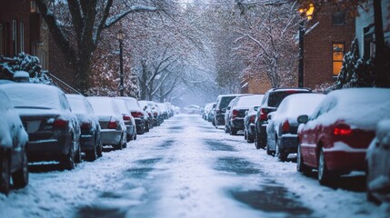 Snow and ice covering parked cars and sidewalks after a sudden winter storm, making everything look frozen and still