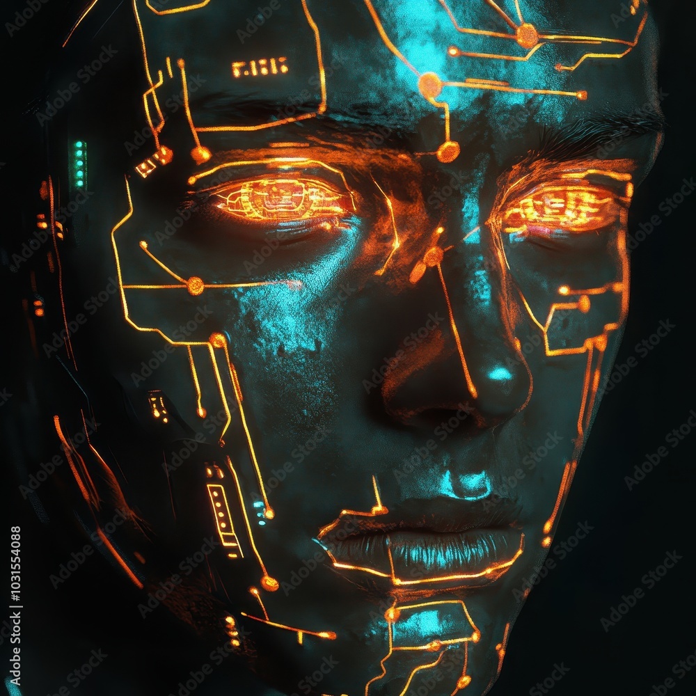 Poster half robot face with glowing circuits