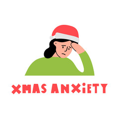 Xmas anxiety. Young woman overwhelmed. Hand drawn design. Christmas concept. Illustration on white background.