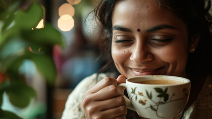 Indian Woman Enjoying a Cup of Chai at Cozy Cafe, Smiling During Lunch Break.