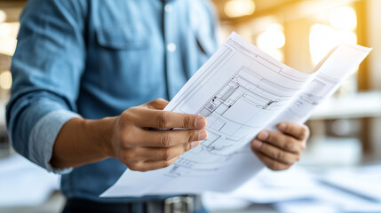 Young Engineer Reviewing Building Structure Plans with a Focused Gaze