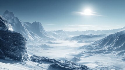 Fototapeta premium Snow-covered mountains glistening under a clear sky, with snowdrifts and icy cliffs creating a dramatic winter landscape