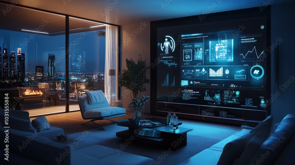 Poster an ai personalization hub in a futuristic home, displaying holographic panels of user-selected inter