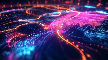 Fototapeta premium An AI-generated digital map showing a personalized travel itinerary, with each stop highlighted, glowing in vibrant colors.