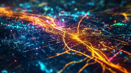 Obraz premium An AI-generated digital map showing a personalized travel itinerary, with each stop highlighted, glowing in vibrant colors.