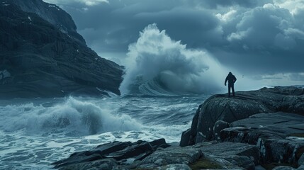 Dramatic Ocean Waves Crash Near Rocky Shoreline