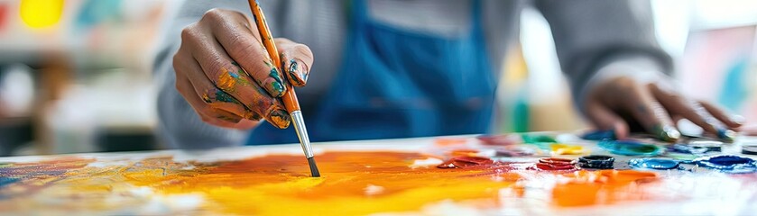 A person using assistive technology in an art class, painting with adaptive tools