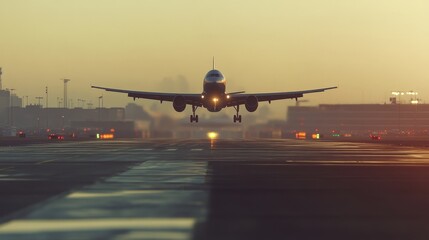Naklejka premium An airplane taking off from an airport, with the wheels just leaving the runway, creating a dynamic feeling of movement, freedom, and the start of a journey.