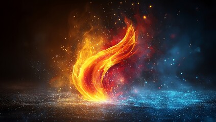 A vibrant flame swirls against a cool blue background, creating a striking visual contrast.