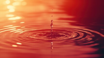A single water drop falls into a still body of water, creating ripples and a splash, with an orange bokeh background.