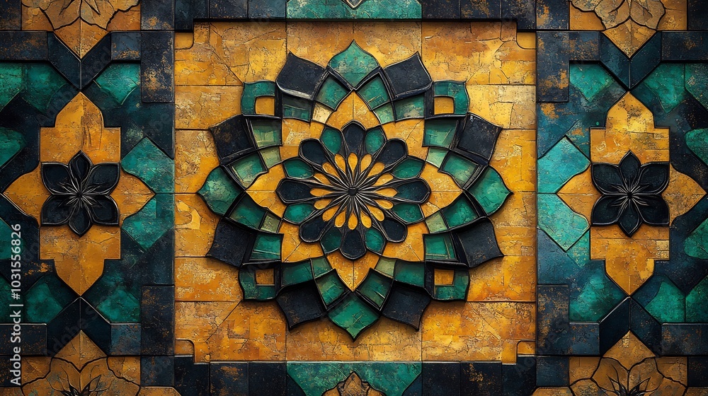 Aufkleber vibrant vector pattern showcasing bold geometric shapes and intricate lines in deep greens and yello