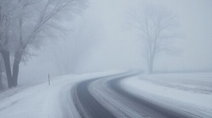 Obraz premium Thick winter fog combining with snow flurries to create near-zero visibility on a country road