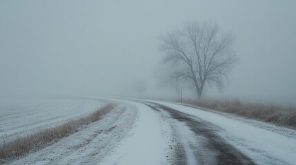 Obraz premium Thick winter fog combining with snow flurries to create near-zero visibility on a country road