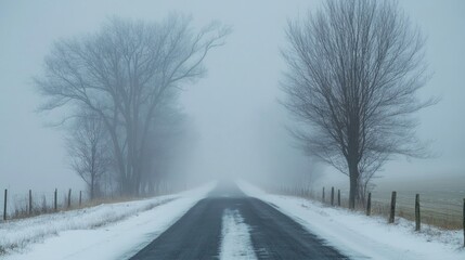 Fototapeta premium Thick winter fog combining with snow flurries to create near-zero visibility on a country road