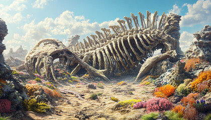 Fototapeta premium A massive dry seabed covered with the fossilized remains of giant, prehistoric marine creatures and corals