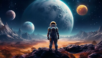 Fototapeta premium An astronaut standing on a planet with three moons, with an alien creature watching from afar.