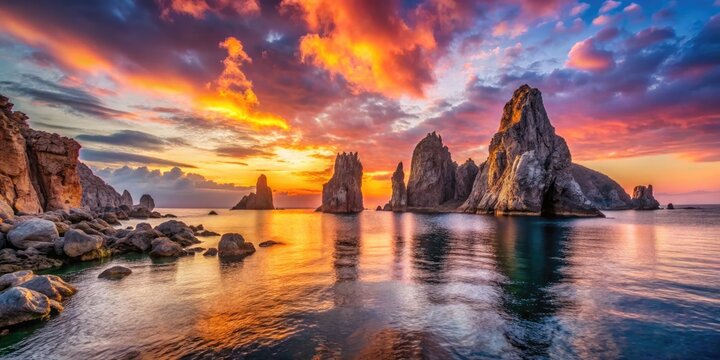 Aerial Surreal View of Aci Trezza Faraglioni Rocks at Sunset, Capturing the Ethereal Beauty of Nature's Sculpted Formations and Vibrant Colors in the Sky