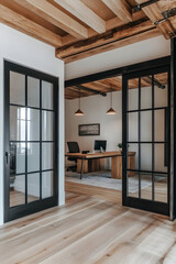 Fototapeta premium Modern Office Entrance with Reclaimed Timber Beams and Natural Light